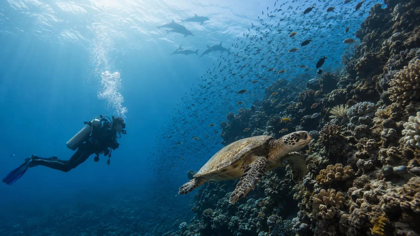 Dive Today guides swimming with dolphins in the Red Sea near Hurghada