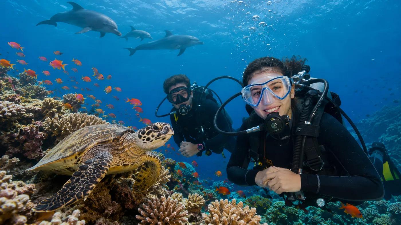 Two happy first-time divers underwater with a sea turtle in Hurghada