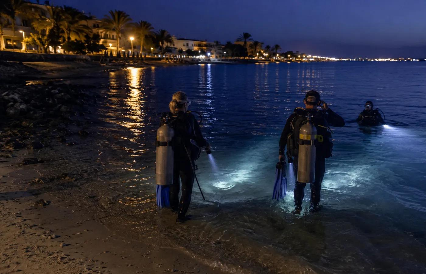 Scuba divers walking into the Red Sea from a Hurghada beach at dusk for a night dive