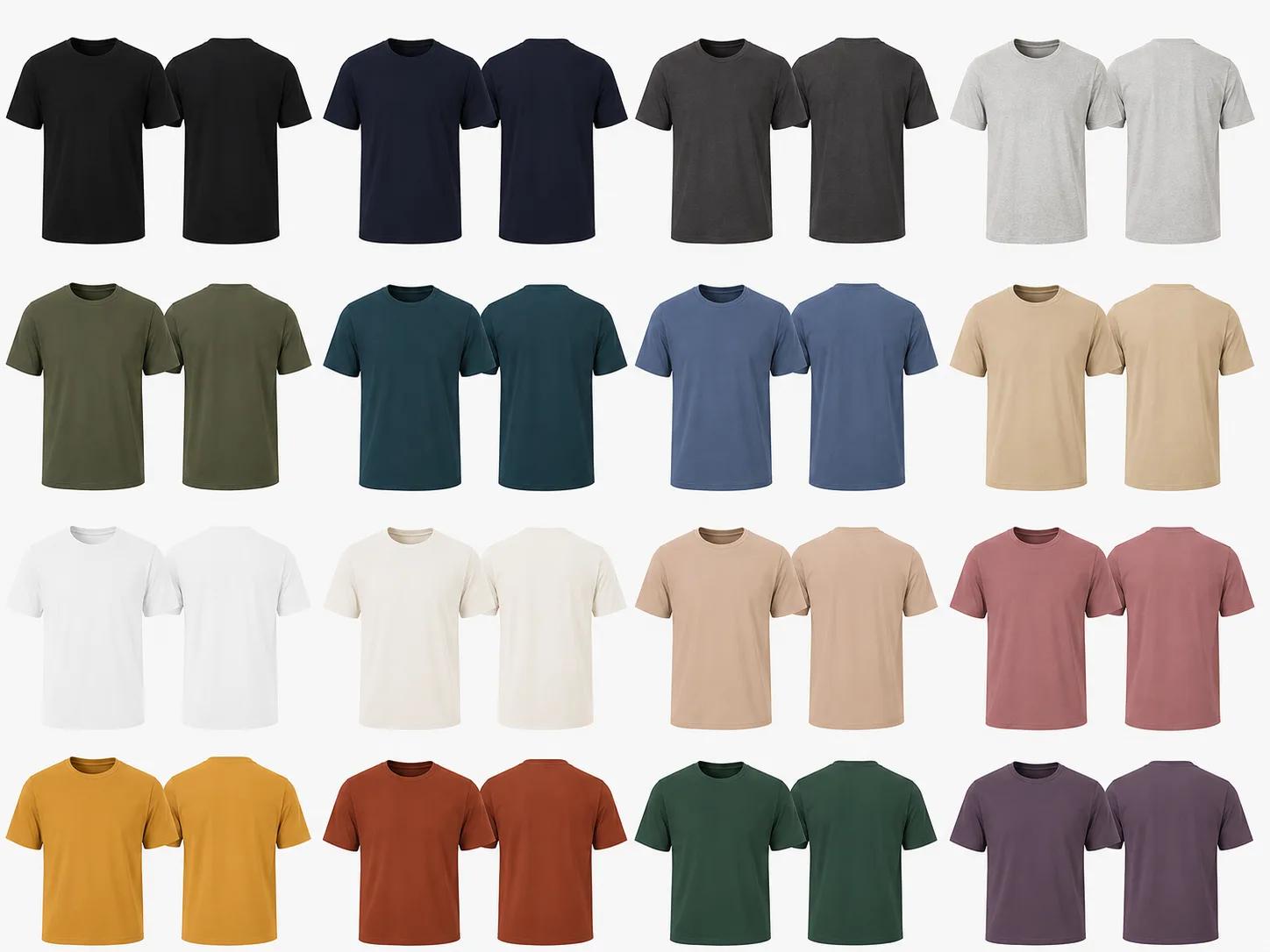 Plain cotton t-shirts in all available fabric colors, front and back
