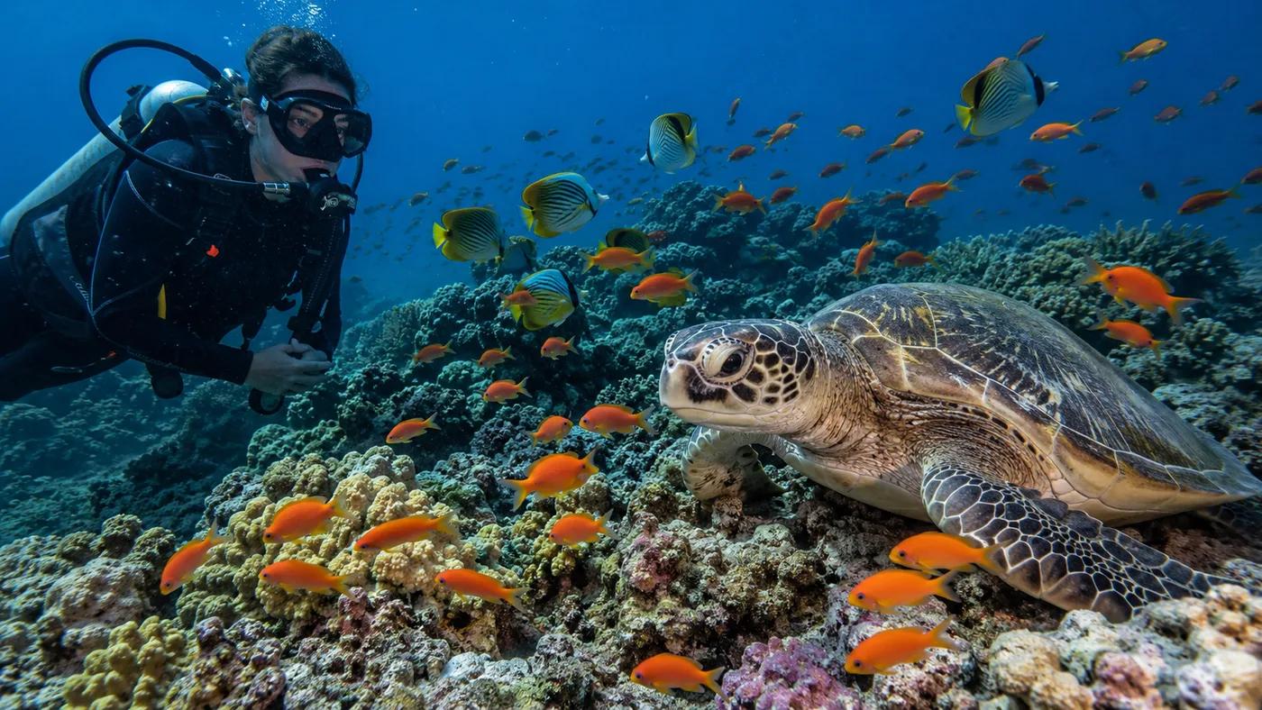 Sea turtle over a coral garden in Hurghada