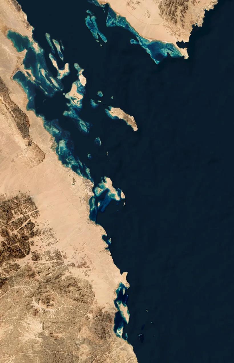 Satellite map of the Hurghada coast and Red Sea dive sites from El Gouna to Safaga
