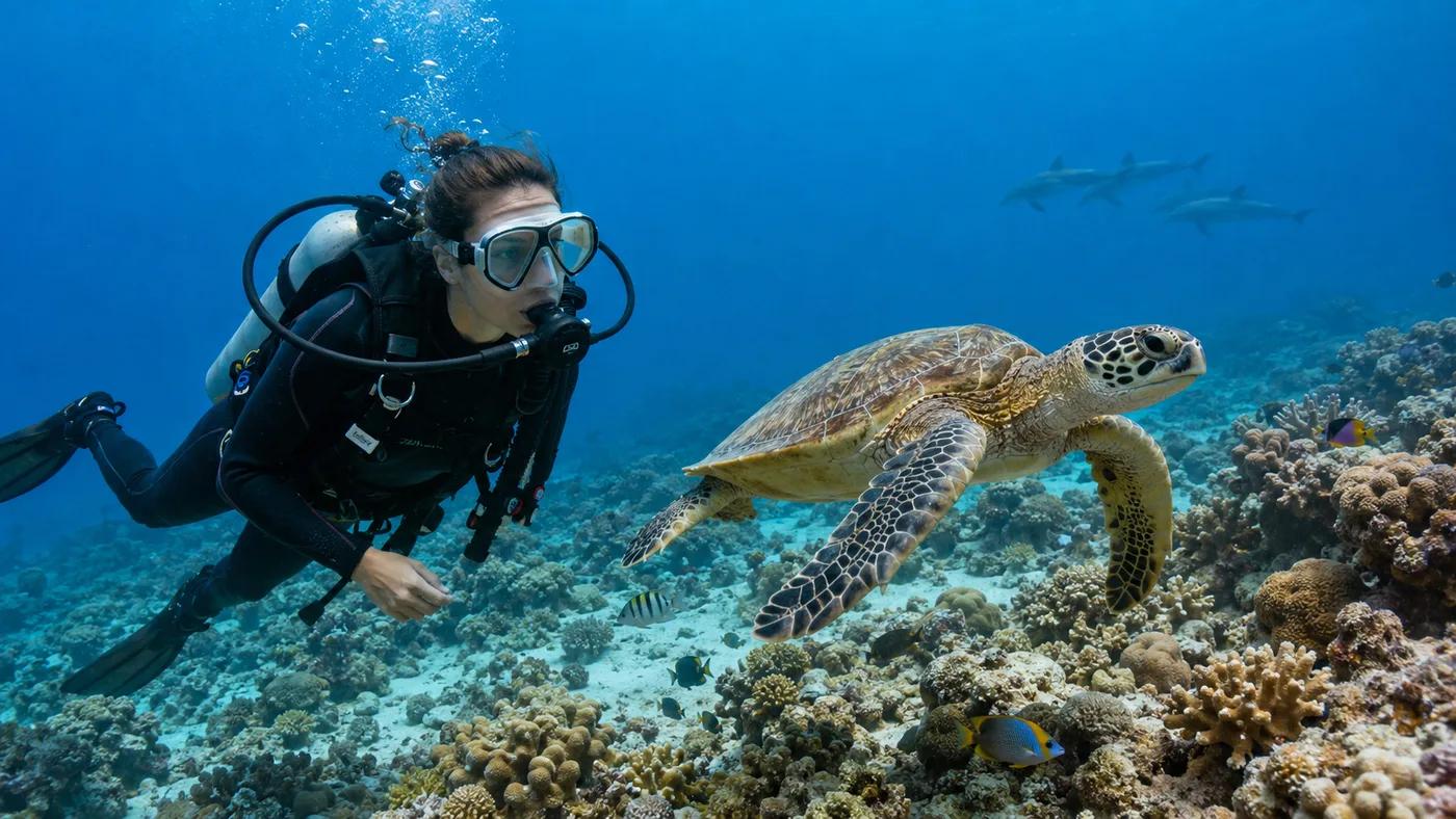 Diver enjoying a private encounter with a sea turtle and dolphins in the Red Sea